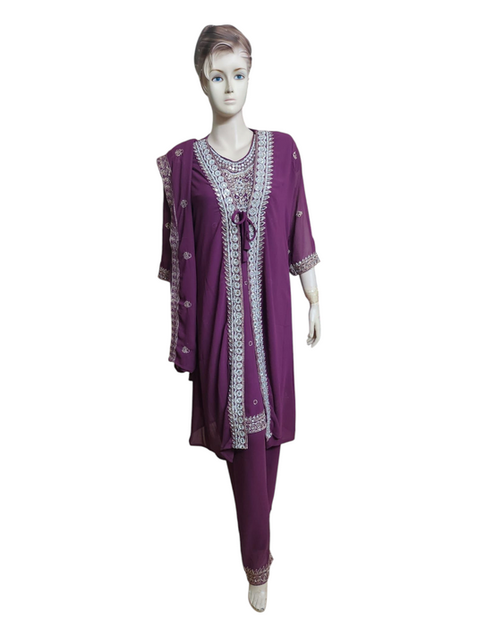 Plum Purple Salwar Kameez With Overcoat