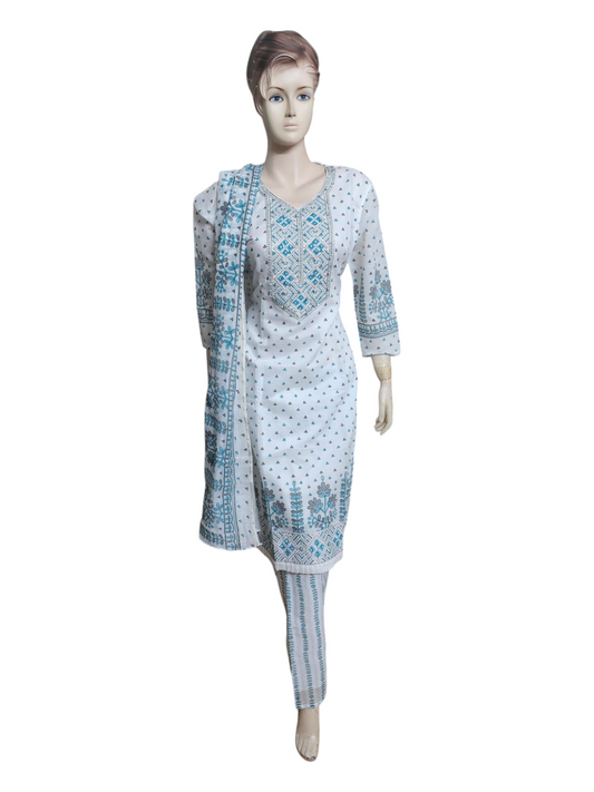 White & Teal Blue Salwar Kameez