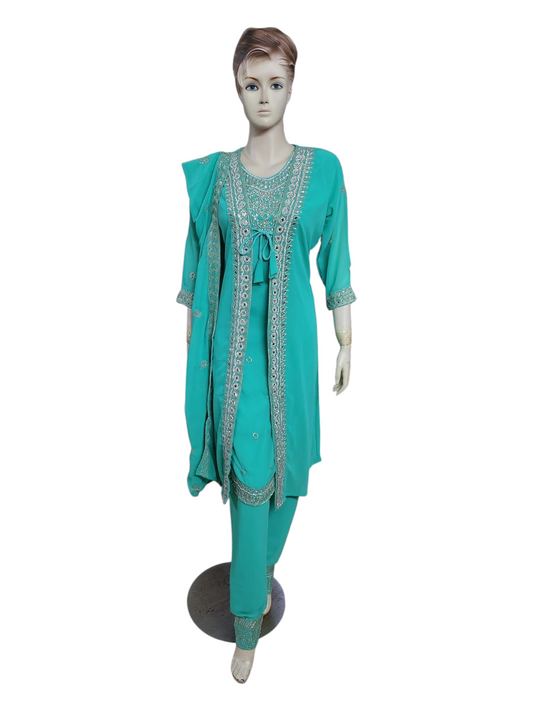 Tropical Green Salwar Kameez With Overcoat